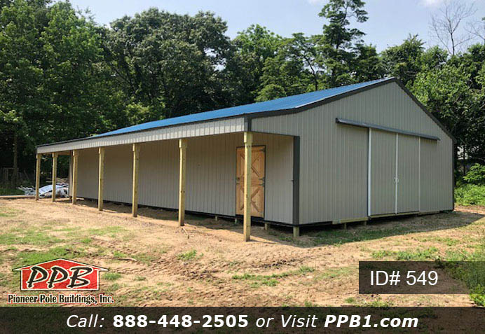 Pole Building Dimensions: 36’ W x 60’ L x 10’ 4” H (ID# 549) Equestrian Horse Barn 36’ Standard Trusses, 4’ on Center 4/12 Pitch Colors: Siding Color: Ash Gray Roofing Color: Heron Blue Trim Color: Charcoal