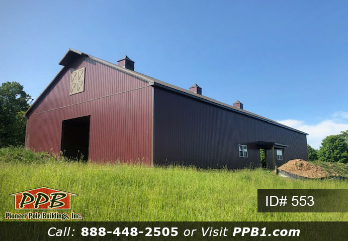 Pole Building Dimensions: 60’ W x 120’ L x 18’ 6” H (ID# 553) Big Burgundy Barn 60’ Standard Trusses, 4’ on Center 6/12 Pitch Colors: Siding Color: Burgundy Roofing Color: Bronze Trim Color: Bronze