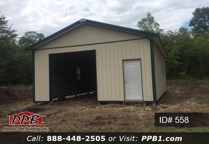 Pole Building Dimensions: 24’ W x 32’ L x 10’ 4” H (ID# 558) One Car Garage with Two Entry Doors 24’ Standard Trusses, 4’ on Center 4/12 Pitch Colors: Siding Color: Beige Roofing Color: Ivy (Green) Trim Color: Ivy (Green)