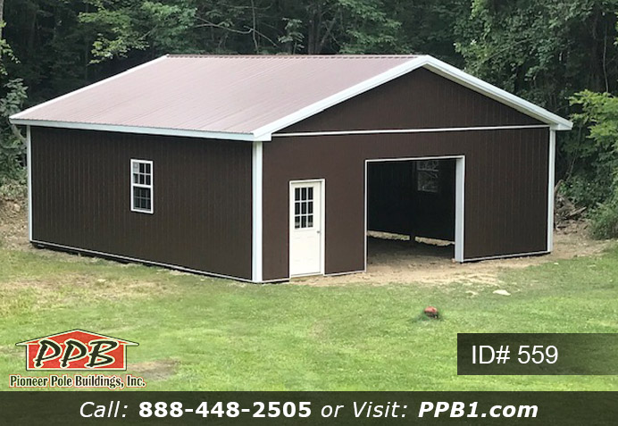 Pole Building Dimensions: 30’ W x 32’ L x 10’ 4” H (ID# 559) Brown One Car Garage with Two Windows & One Entry Door 30’ Standard Trusses, 4’ on Center 4/12 Pitch Colors: Siding Color: Brown Roofing Color: Brown Trim Color: White