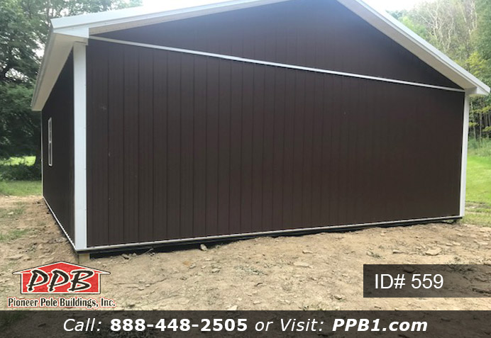 Pole Building Dimensions: 30’ W x 32’ L x 10’ 4” H (ID# 559) Brown One Car Garage with Two Windows & One Entry Door 30’ Standard Trusses, 4’ on Center 4/12 Pitch Colors: Siding Color: Brown Roofing Color: Brown Trim Color: White