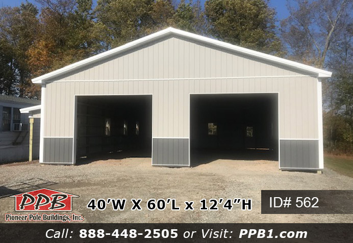 Pole Building Dimensions: 40’ W x 60’ L x 12’ 4” H (ID# 562) A Two-Tone Insulated Shop with Lots of Storage Space 40’ Standard Trusses, 4’ on Center 4/12 Pitch Colors: Two-Tone Siding Color: Upper Color: Ash Gray Lower Color: Charcoal Roofing Color: Charcoal Trim Color: Brite White