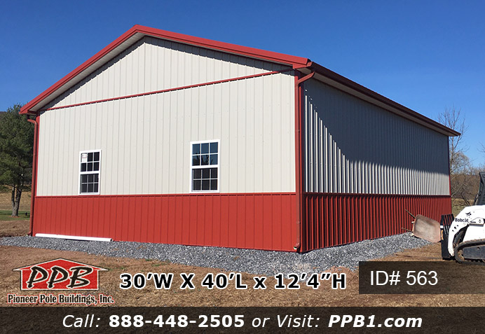 Pole Building Dimensions: 30’ W x 40’ L x 12’ 4” H (ID# 563) A two-tone insulated garage for your camper and car. 30’ Standard Trusses, 4’ on Center 4/12 Pitch Colors: Two-Tone Siding Color: Upper Color: Ash Gray Lower Color: Red Roofing Color: Red Trim Color: Red