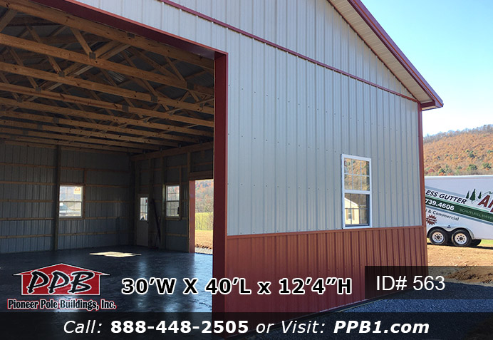 Pole Building Dimensions: 30’ W x 40’ L x 12’ 4” H (ID# 563) A two-tone insulated garage for your camper and car. 30’ Standard Trusses, 4’ on Center 4/12 Pitch Colors: Two-Tone Siding Color: Upper Color: Ash Gray Lower Color: Red Roofing Color: Red Trim Color: Red