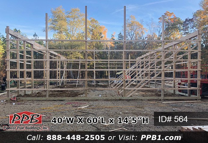 Pole Building Dimensions: 40’ W x 60’ L x 14’ 5” H (ID# 564) Two Car Garage Plus A Truck. 40’ Standard Trusses, 4’ on Center 4/12 Pitch Colors: Siding Color: Light Stone Roofing Color: Patina Green Trim Color: Brown