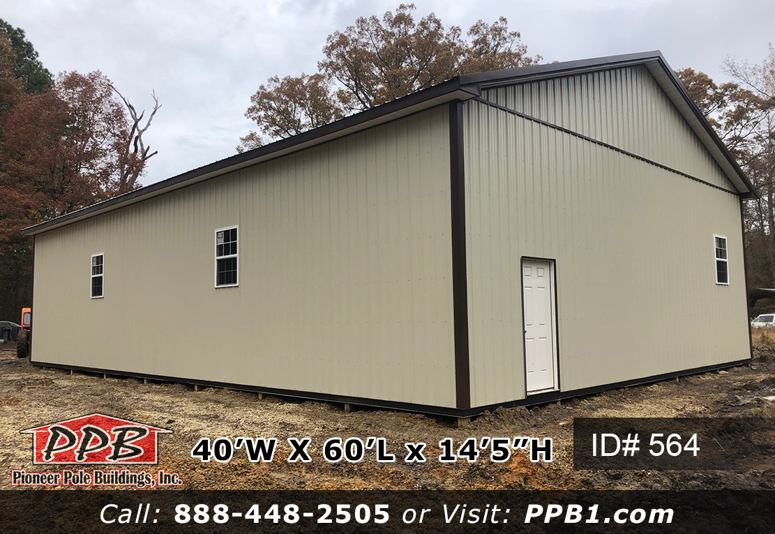 Pole Building Dimensions: 40’ W x 60’ L x 14’ 5” H (ID# 564) Two Car Garage Plus A Truck. 40’ Standard Trusses, 4’ on Center 4/12 Pitch Colors: Siding Color: Light Stone Roofing Color: Patina Green Trim Color: Brown