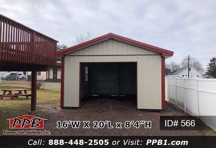 Pole Building Dimensions: 16’ W x 20’ L x 8’ 4” H (ID# 566) A One Car Garage or Storage 16’ Standard Trusses, 4’ on Center 4/12 Pitch Colors: Siding Color: Light Stone Roofing Color: Red Trim Color: Red