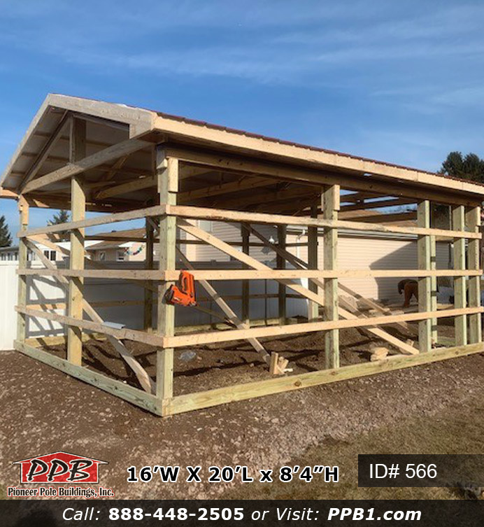 Pole Building Dimensions: 16’ W x 20’ L x 8’ 4” H (ID# 566) A One Car Garage or Storage 16’ Standard Trusses, 4’ on Center 4/12 Pitch Colors: Siding Color: Light Stone Roofing Color: Red Trim Color: Red
