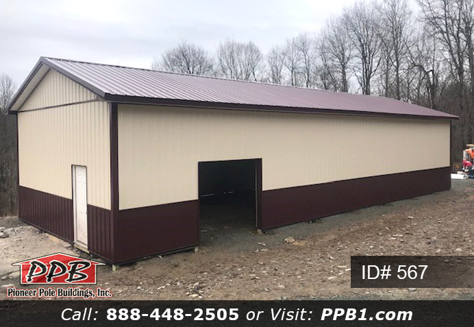 Pole Building Dimensions 24’ W x 64’ L x 12’ 4” H (ID# 567) Long Two-Tone Storage 24’ Standard Trusses, 4’ on Center 4/12 Pitch Colors Two-Tone Siding Color: Upper Color: Beige Lower Color: Burgundy Roofing Color: Burgundy Trim Color: Burgundy