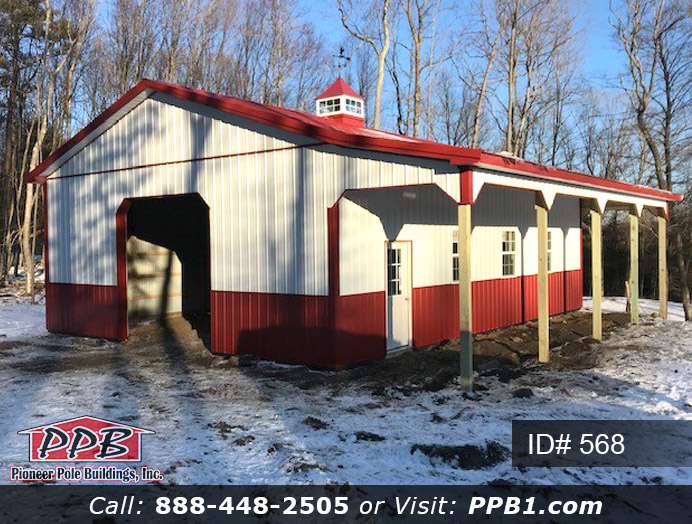 Pole Building Dimensions: 30’ W x 40’ L x 12’ 4” H (ID# 568) A Workshop with a Porch 30’ Standard Trusses, 4’ on Center 4/12 Pitch Colors: Two-Tone Siding Color: Upper Color: Brite White Lower Color: Red Roofing Color: Red Trim Color: Red