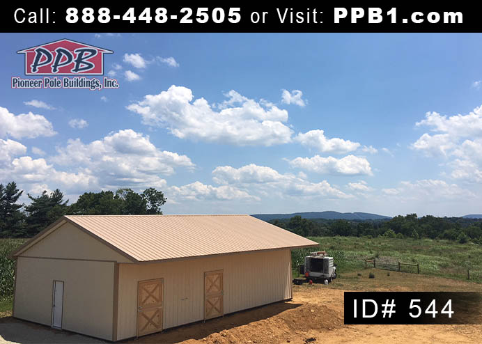 Dimensions: 30’ W x 40’ L x 10’ 2” H (ID# 544) Horse Barn with Cantilever and Horse Stalls 30’ Standard Trusses, 4’ on Center, 4/12 Pitch Colors: Siding Color: Beige Roofing: Tan Trim Color: Tan