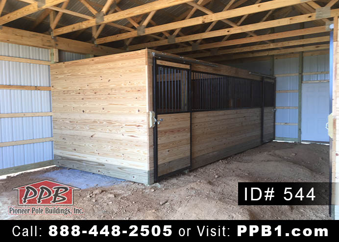 Dimensions: 30’ W x 40’ L x 10’ 2” H (ID# 544) Horse Barn with Cantilever and Horse Stalls 30’ Standard Trusses, 4’ on Center, 4/12 Pitch Colors: Siding Color: Beige Roofing: Tan Trim Color: Tan