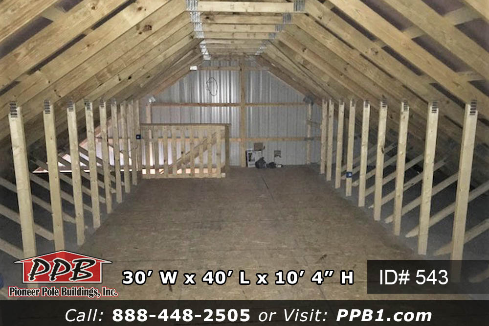 Dimensions: 30’ W x 40’ L x 10’ 4” H (ID# 543) 3-Car Garage with Attic Floor and Stairs 30’ Attic Trusses, 2’ on Center, 8/12 Pitch Colors: Siding Color: Ocean Blue Roofing Color: Slate Trim Color: Charcoal