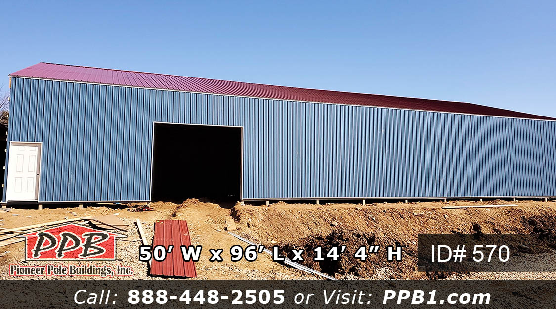 Pole Building Dimensions: 50’ W x 96’ L x 14’ 4” H (ID# 570) Big Blue Building 50’ Standard Trusses, 4’ on Center 4/12 Pitch Colors: Siding Color: Ocean Blue Roofing Color: Red Trim Color: White & Ocean Blue