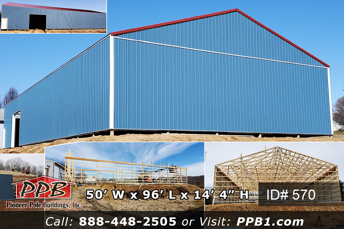 Pole Building Dimensions: 50’ W x 96’ L x 14’ 4” H (ID# 570) Big Blue Building 50’ Standard Trusses, 4’ on Center 4/12 Pitch Colors: Siding Color: Ocean Blue Roofing Color: Red Trim Color: White & Ocean Blue