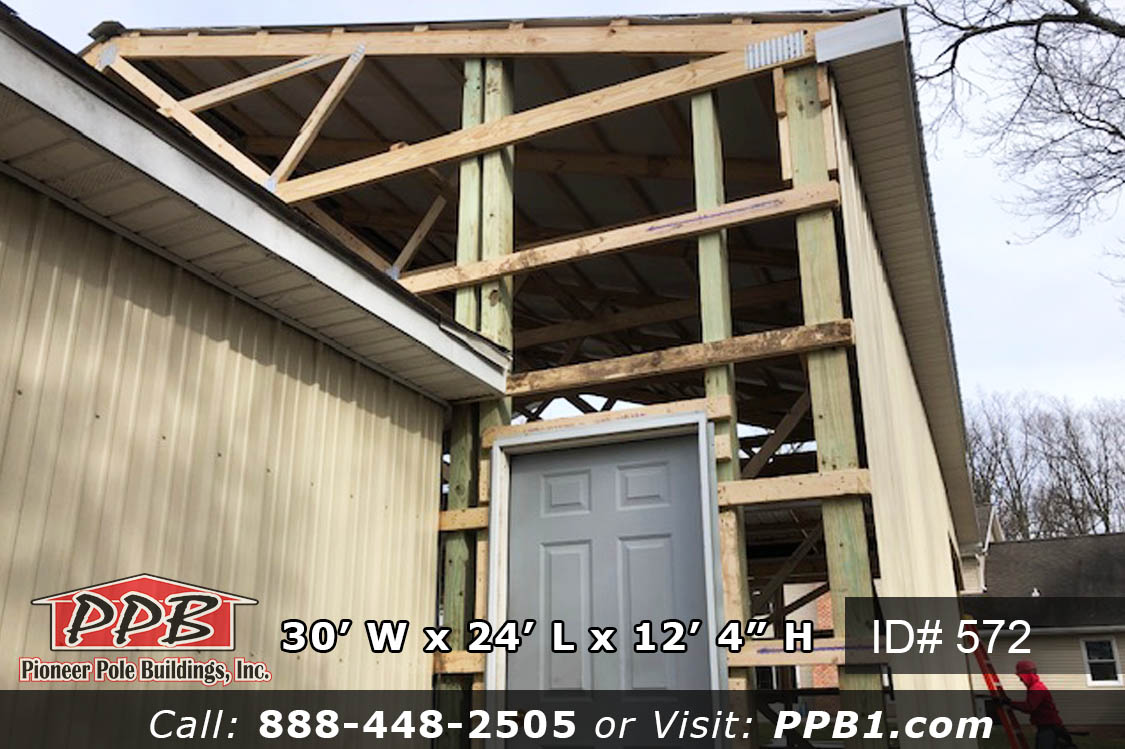 Pole Building Dimensions: *THIS IS AN ADDITION ON AN EXISTING POLE BUILDING* 30’ W x 24’ L x 12’ 4” H (ID# 572) 30’ Standard Trusses, 4’ on Center 4/12 Pitch Colors: Siding Color: Light Stone Roofing Color: Charcoal Trim Color: Light Stone