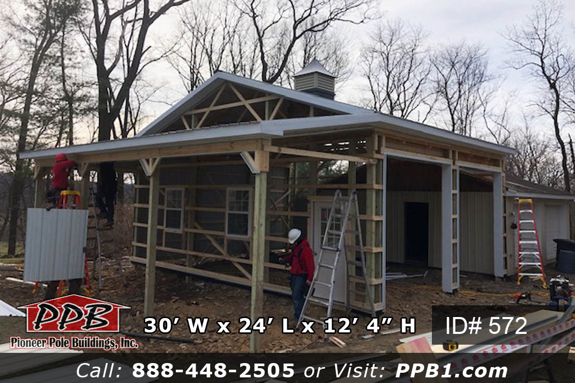 Pole Building Dimensions: *THIS IS AN ADDITION ON AN EXISTING POLE BUILDING* 30’ W x 24’ L x 12’ 4” H (ID# 572) 30’ Standard Trusses, 4’ on Center 4/12 Pitch Colors: Siding Color: Light Stone Roofing Color: Charcoal Trim Color: Light Stone