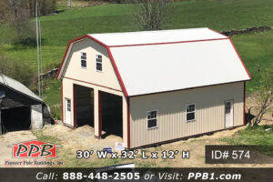 30’ W x 32’ L x 12’ H A Gambrel Garage with a Second Floor 30’ Gambrel Trusses, 2’ on Center Colors: Siding Color: Beige Roofing Color: Ash Gray Trim Color: Red