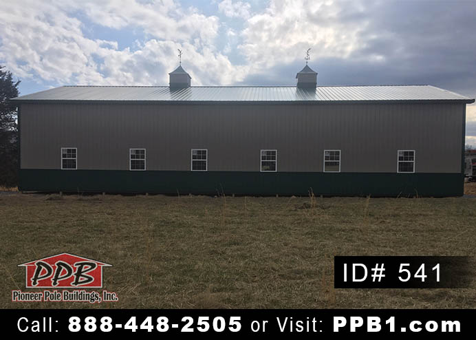 Pole Building Dimensions: 40’ W x 80’ L x 16’ 4” H (ID# 541) 40’ Standard Trusses, 4’ on Center 4/12 Pitch Colors: Two-Tone Siding Color: Upper Color: Clay Lower Color: Ivy (Green) Roofing Color: Ivy (Green) Trim Color: Ivy (Green) 