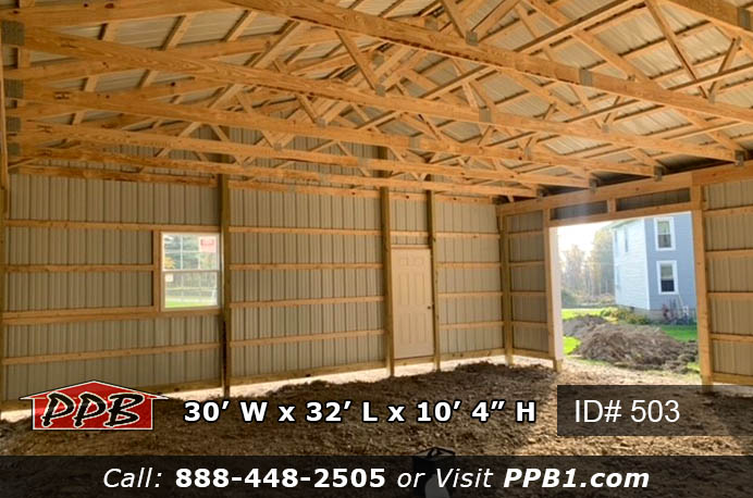 Residential Two-Car Garage Dimensions 30’ W x 32’ L x 10’ 4” H (ID# 503) 30’ Standard Trusses, 4’ on Center 4/12 Pitch Residential Two-Car Garage Colors Siding Color: Slate Roofing Color: Charcoal  Trim Color: Ocean Brite White  Residential Two-Car Garage Openings (2) 9’ x 8’ Residential Classic Raised Short Panel Insulated Garage Doors  (1) 3068 6-Panel Fiberglass Insulated Entry Door (3) 3' x 4' Single-Hung Insulated White Windows with Screens & Grids