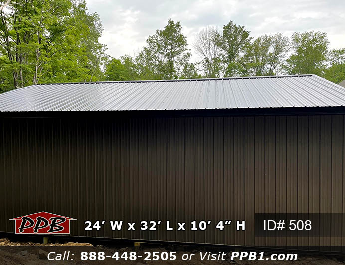 Black metal roof on pole building with Bronze siding color.