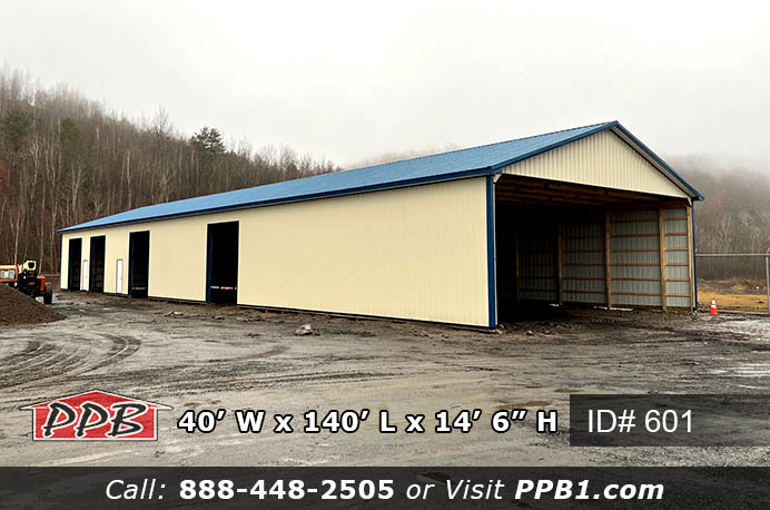 Long Commercial Storage Pole Building Dimensions • 40’ W x 140’ L x 14’ 6” H (ID# 601) • 40’ Standard Trusses, 4’ on Center • 4/12 Pitch Long Commercial Storage Pole Building Colors • Siding Color: Light Stone • Roofing Color: Heron Blue • Trim Color: Heron Blue Long Commercial Storage Pole Building Openings • (4) 10’ x 12’ Commercial Micro Grooved Insulated Garage Doors • (2) 3068 6-Panel Fiberglass Insulated Entry Door • (1) Ceiling Liner Insulated Access Door, Color: White • (1) 40' Gable Open