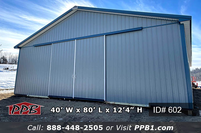 Farm Building Dimensions • 40’ W x 80’ L x 12’ 4” H (ID# 602) • 40’ Standard Trusses, 4’ on Center • 4/12 Pitch Farm Building Colors • Siding Color: Slate • Roofing Color: Slate • Trim Color: Ocean Blue Farm Building Openings • (2) 14’ x 12’ Split-Slider Non-Insulated Doors, Color: Slate • (2) 3068 6-Panel Fiberglass Insulated Entry Doors • (4) 3' x 4' Single-Hung Insulated White Windows with Screen & Grids