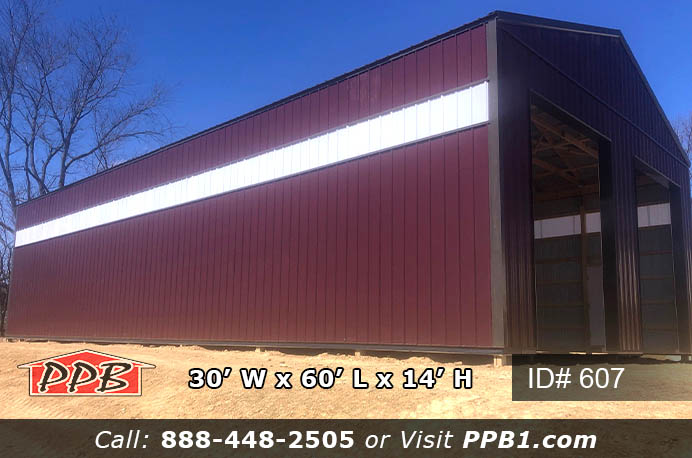607 – Burgundy Agricultural Pole Building with Sidelights 30x60x14