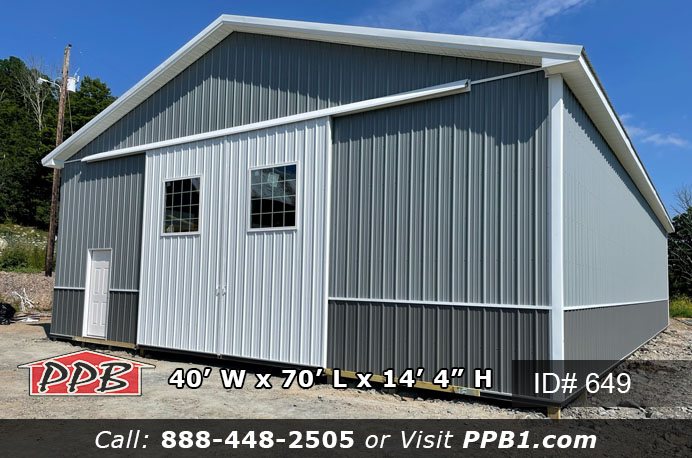 Farm Pole Building Dimensions 40’ W x 70’ L x 14’ 4” H (ID# 649) 40' Standard Trusses, 4’ on Center 4/12 Pitch Agricultural Pole Building Colors Upper Color: Slate Lower Color: Charcoal Roofing Color: Charcoal Trim Color: Brite White Farm Pole Building Openings (2) 16' x 14' Split Slider Non-Insulated Door with White Frames & 4' x 4' Fixed Windows with Grids (2) 3068 6-Panel Fiberglass (Insulated) Entry Doors Agricultural Pole Building Overhangs Eaves: 1' Gables: 1’ Soffit: White Vinyl Miscellaneous 70′ Ridge Vent Two-Tone Siding 70' of 2' Sidelights 2″ x 6″ Skirtboard .60 Treated with Barrier Tape