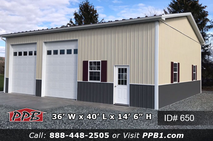 Residential Pole Building Dimensions 36’ W x 40’ L x 14’ 6” H (ID# 650) 36' Standard Trusses, 4’ on Center 3/12 Pitch Two-Tone Pole Building Colors Upper Color: Light Stone Lower Color: Charcoal Roofing Color: Brown Trim Color: Brite White Two Car Garage Pole Building Openings (2) 10' x 12' Residential Classic Raised Short Panel Insulated Garage Doors with Windows (1) 3068 6-Panel Fiberglass Insulated Entry Door (1) 3068 9-Lite Fiberglass Insulated Entry Door (7) 3’ x 4’ Single-Hung Insulated Windows with Screens & Grids Residential Pole Building Overhangs Eaves: 1' Gables: 1’ Soffit: White Vinyl 84 ft. Gutter: 5K with Downspouts, Color: White Two-Tone Pole Building Insulation Roof: Double Bubble Vapor Barrier Miscellaneous 40′ Ridge Vent Two-Tone Siding Engineered Sealed Blueprints 2″ x 6″ Skirtboard .60 Treated with Barrier Tape