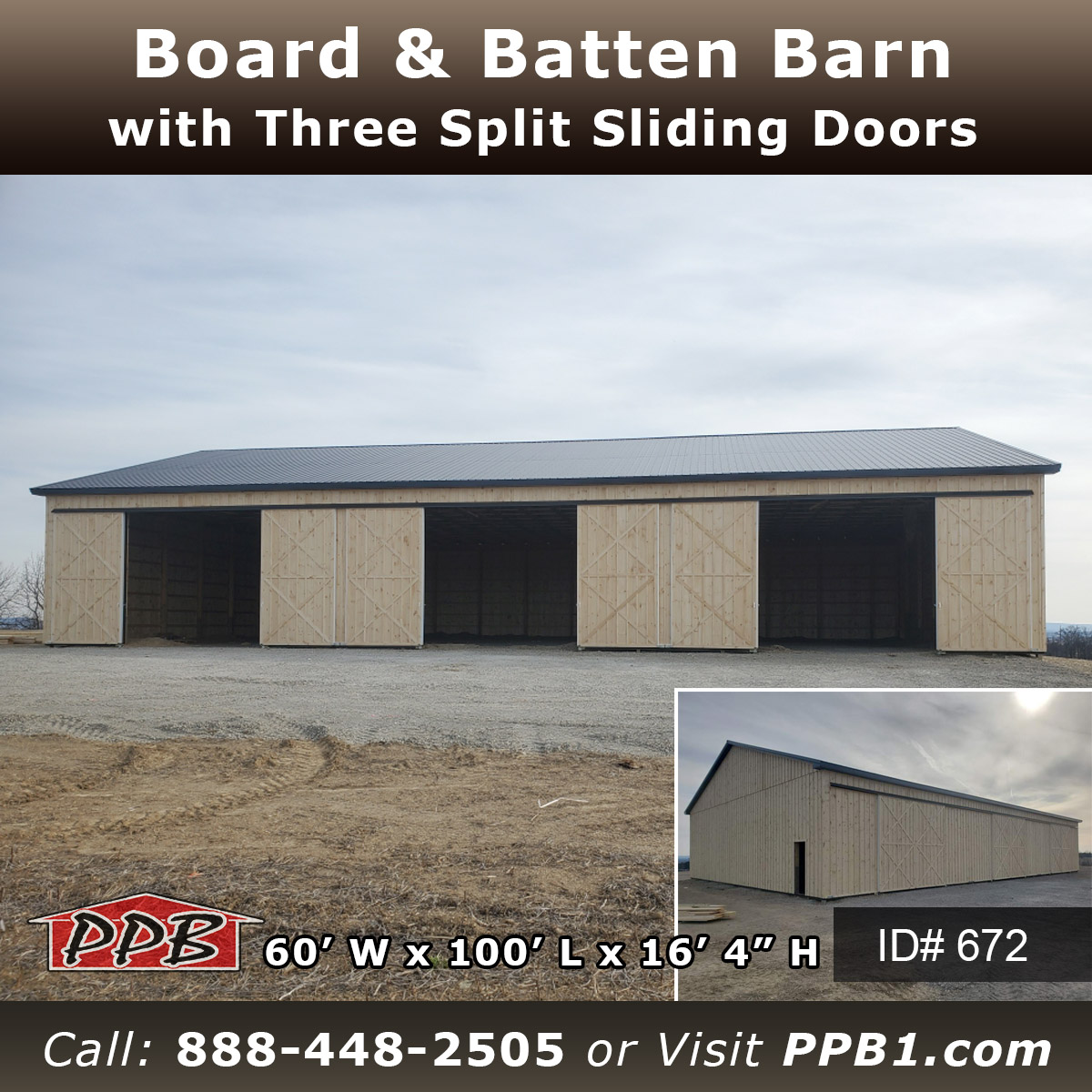672 - Board & Batten Barn with Three Split Sliding Doors