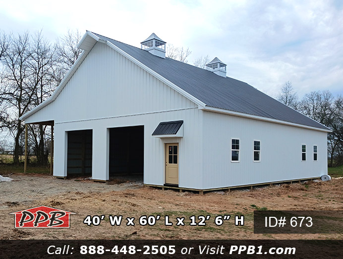 673 – White Garage with Steep Roof Pitch & Lean-To