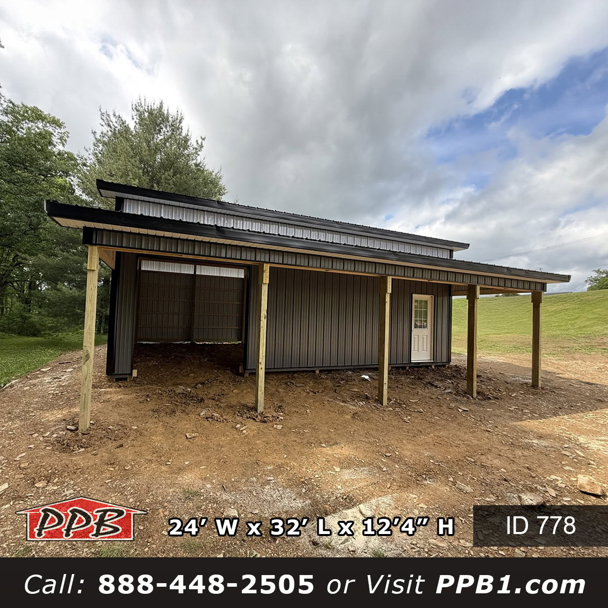 Pole barn garage 778 sized 24x32x12 with charcoal siding and black roof built by pole barn builders near me