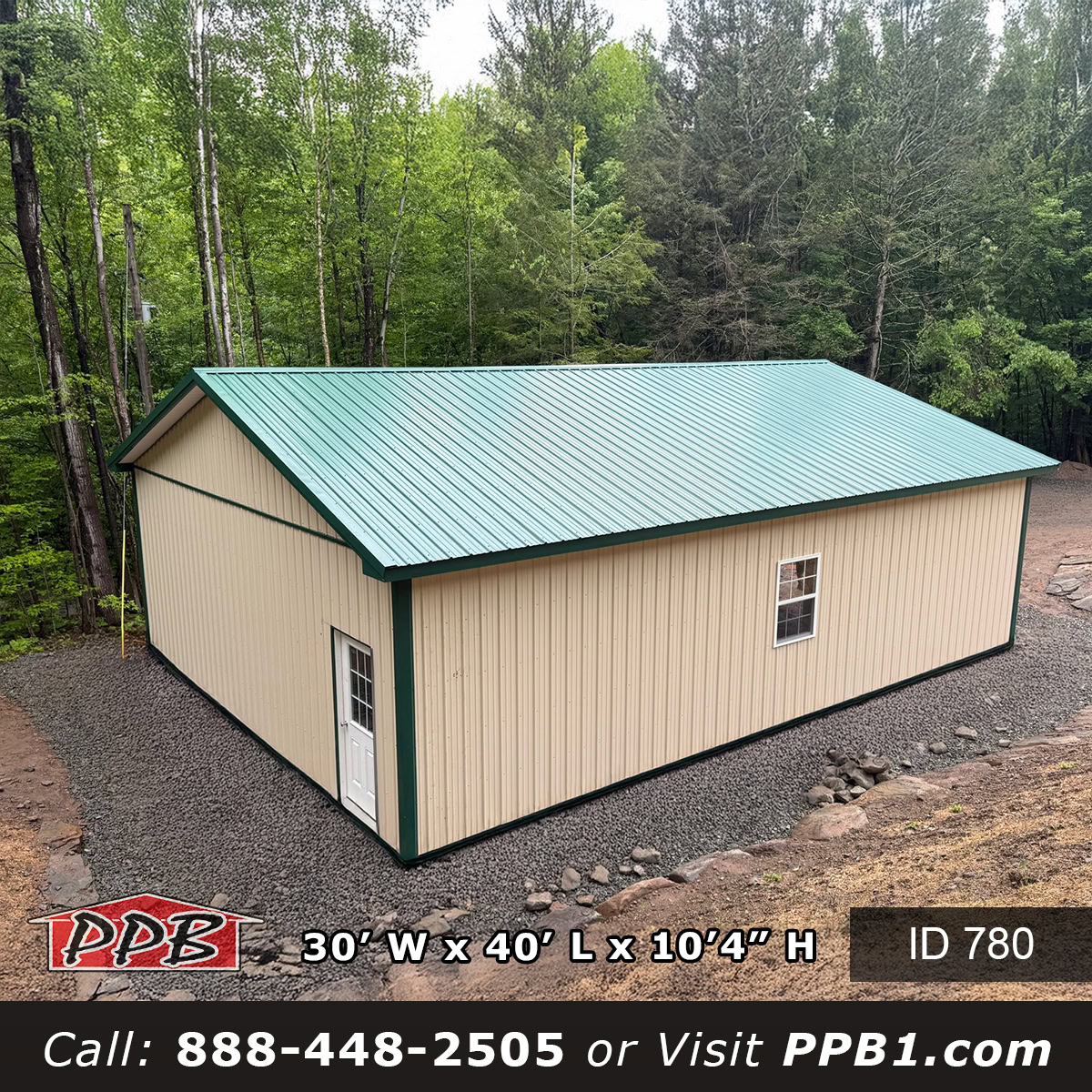 Beige pole barn with ivy green metal roofing