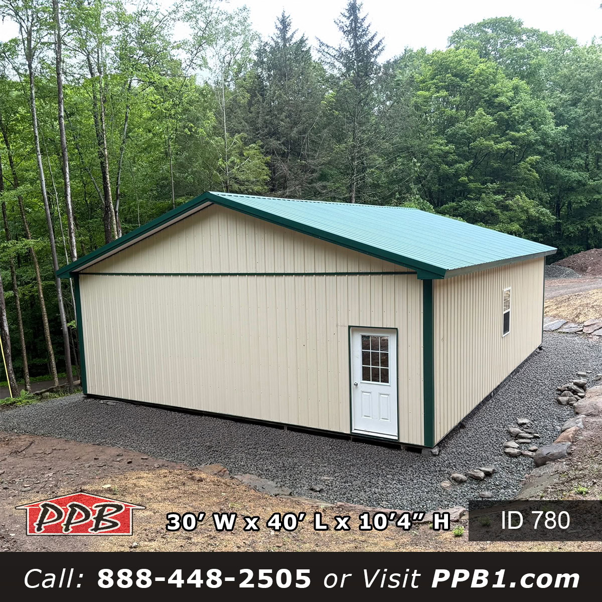 Metal barn garage in New York with green roof and beige siding