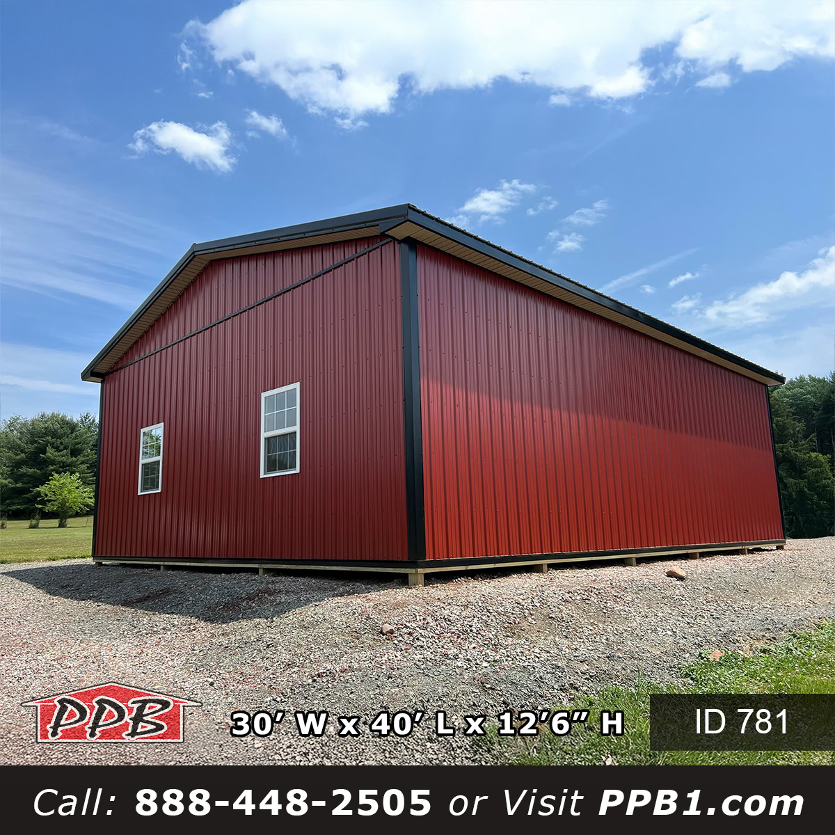 Pole barn garage with red metal siding and black roof