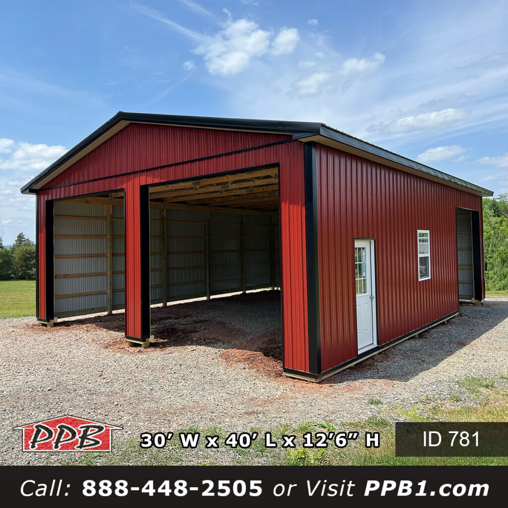 781 30x40x10 red pole barn garage with black metal roof