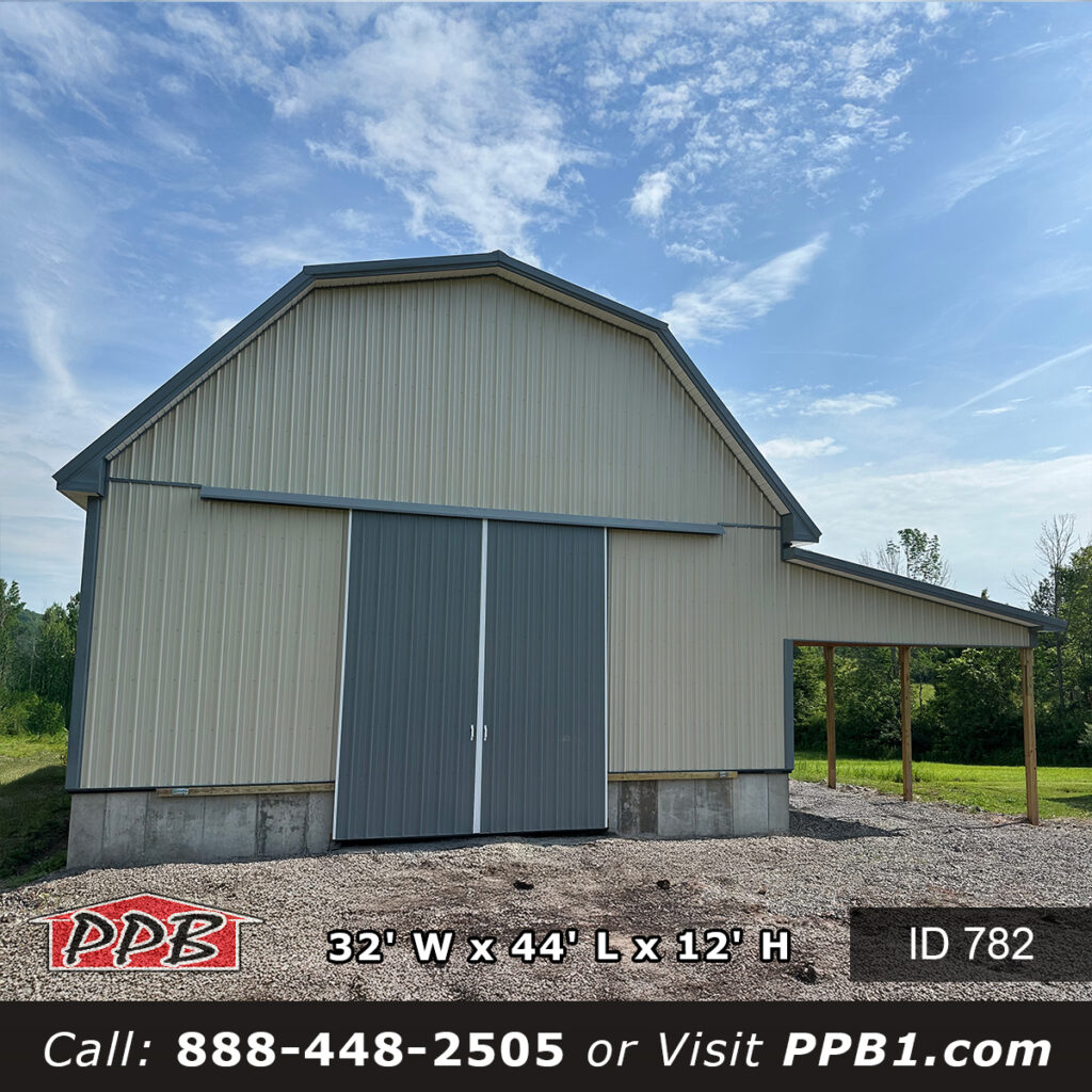 782 32x44x12 agricultural building with light stone siding and slate metal roof