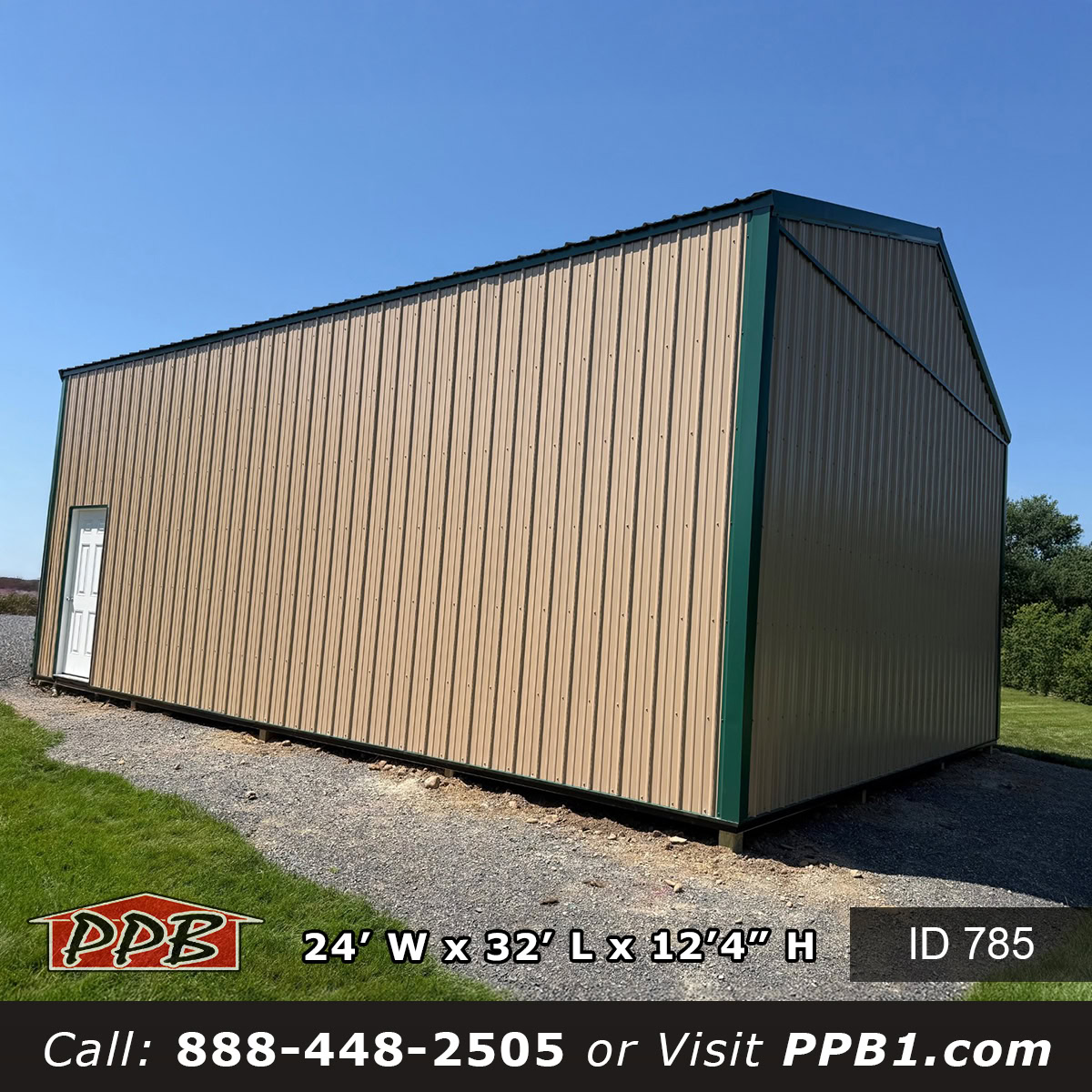 tan metal garage with brown metal roof