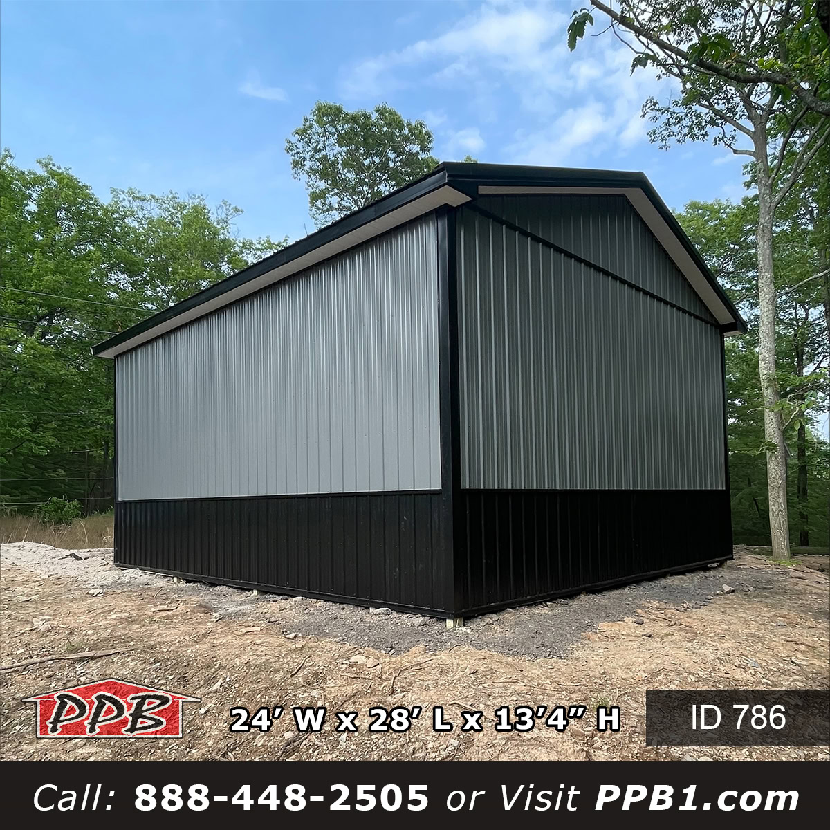 Side View of Charcoal Pole Barn Garage charcoal metal garage with black roof in Pennsylvania