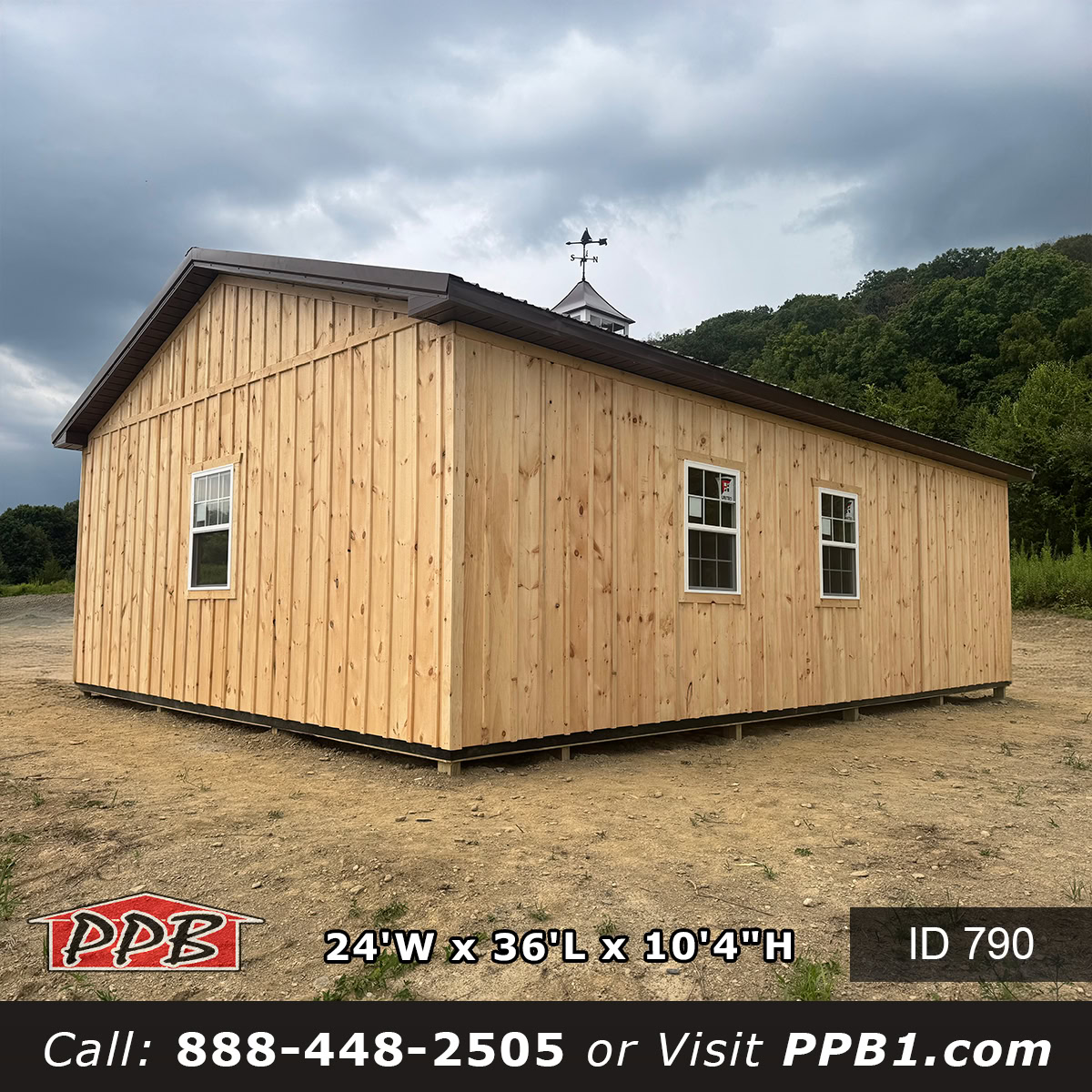board and batten garage with brown roofing
