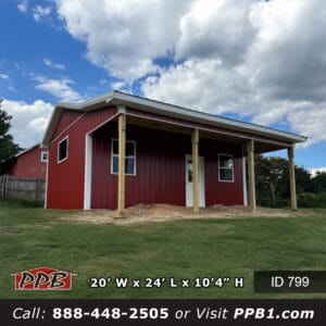 Red Metal Garage Exterior With Lean-To