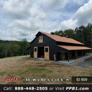 809 40x80x16 black metal pole barn gable end with sliding wood doors and copper roof