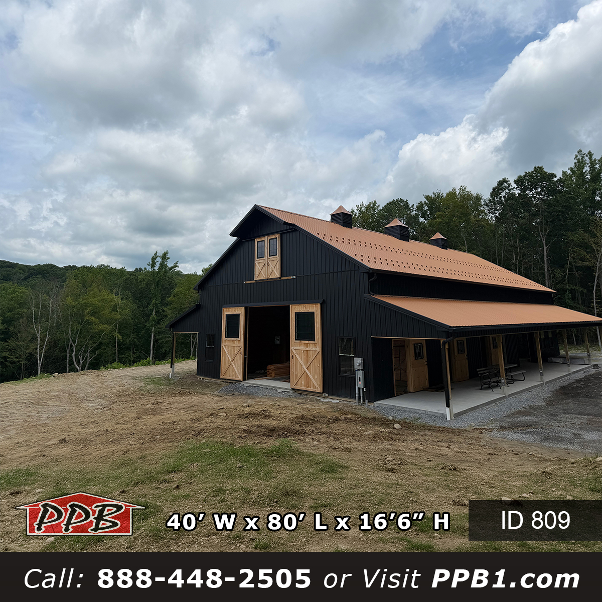 809 40x80x16 black metal pole barn gable end with sliding wood doors and copper roof
