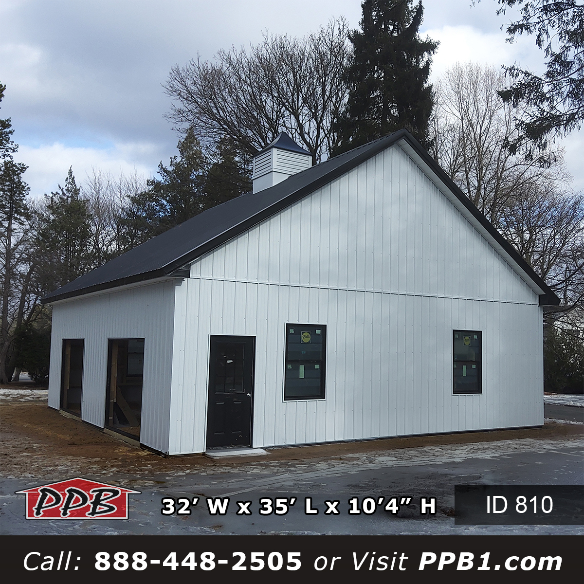 Pennsylvania Pole Barn Garage with black windows and cupola