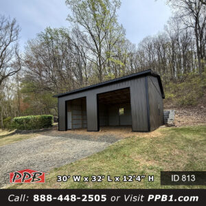30x32 post frame building front eave in Pennsylvania with bronze siding and sandstone door openings