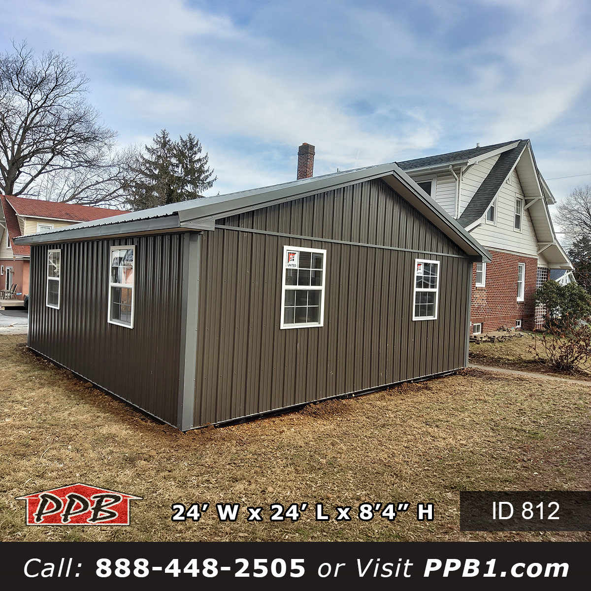 Pennsylvania Pole Barn Garage 812 24x24x8 Bronze Metal Siding Four Windows Charcoal Trim