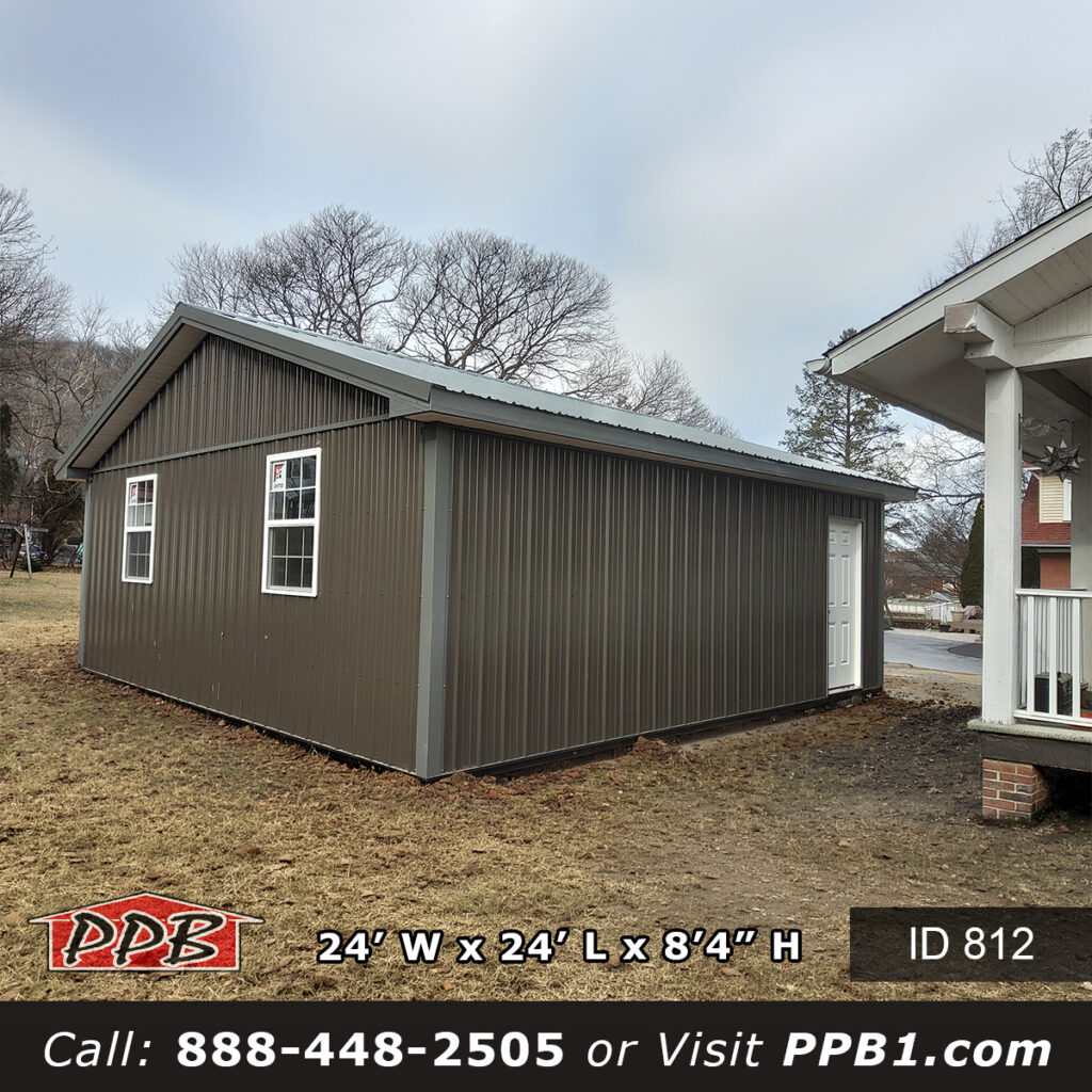 812 (24’Wx24’Lx8’H) 7 812 24x24x8 Pennsylvania Pole Barn Garage Bronze Siding Slate Roof Overhangs Vinyl Soffit Gutters