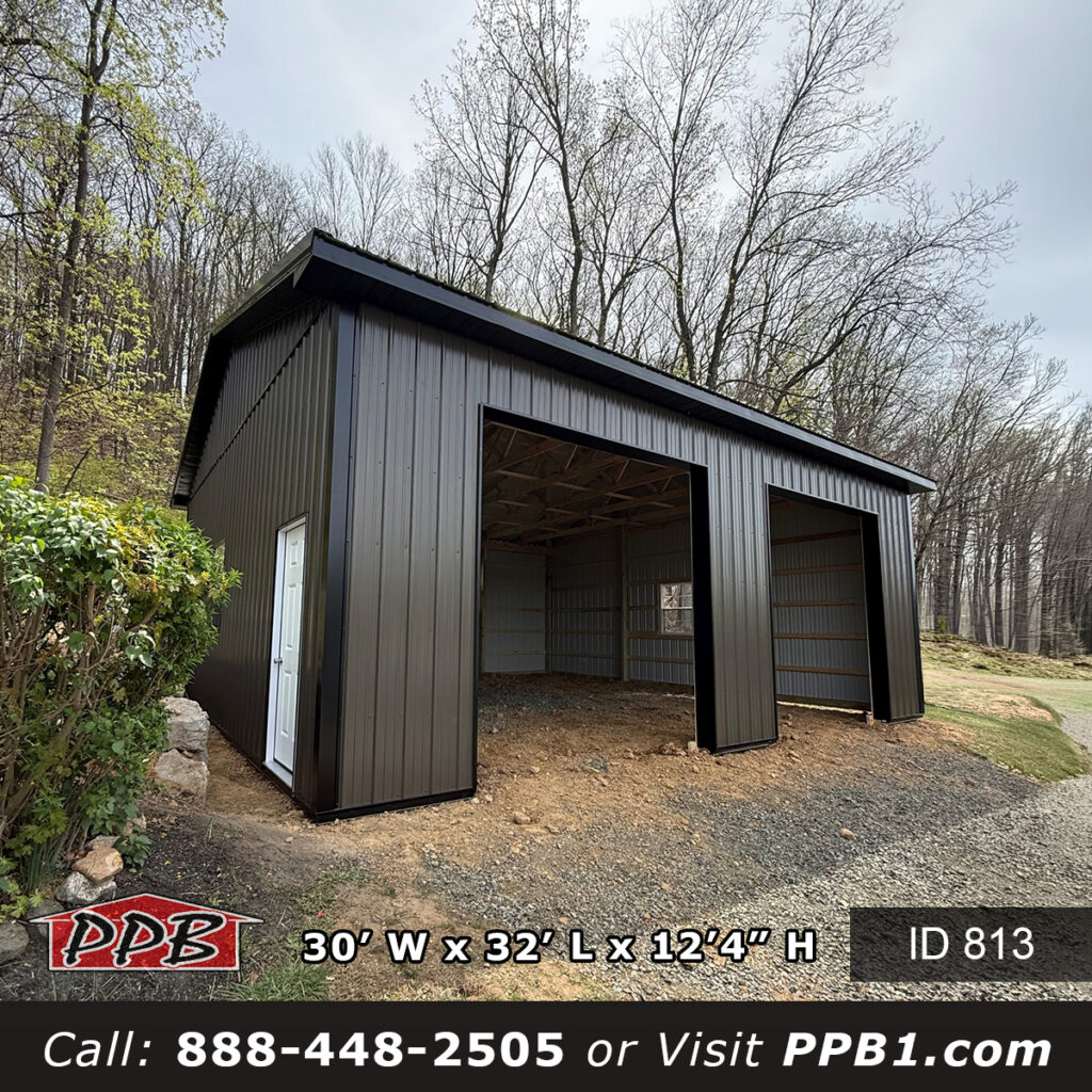 813 30x32x12 bronze pole barn garage in Pennsylvania with black roof and open door framing