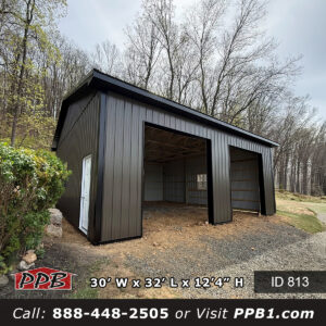 813 30x32x12 bronze pole barn garage in Pennsylvania with black roof and open door framing